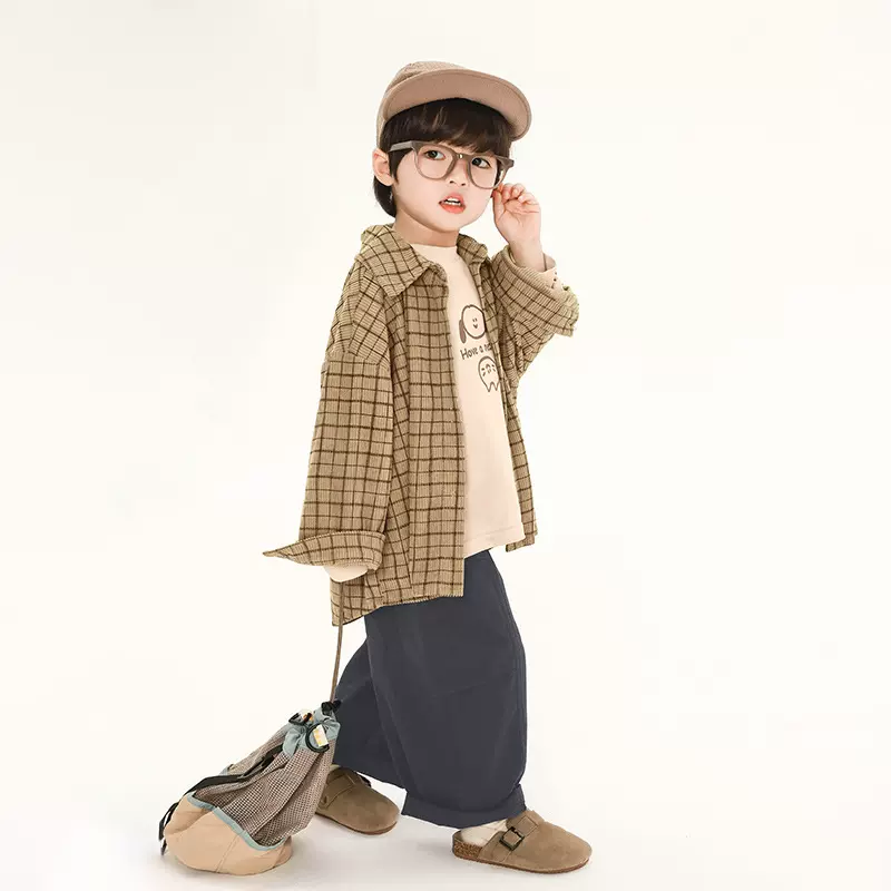 畅果童装男童衬衫秋季新款儿童韩版格子灯芯绒衬衣中小童春秋上衣