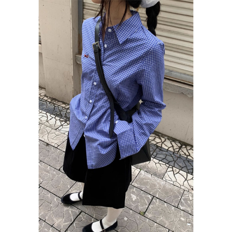 Blue colored spring shirt, with embroidery