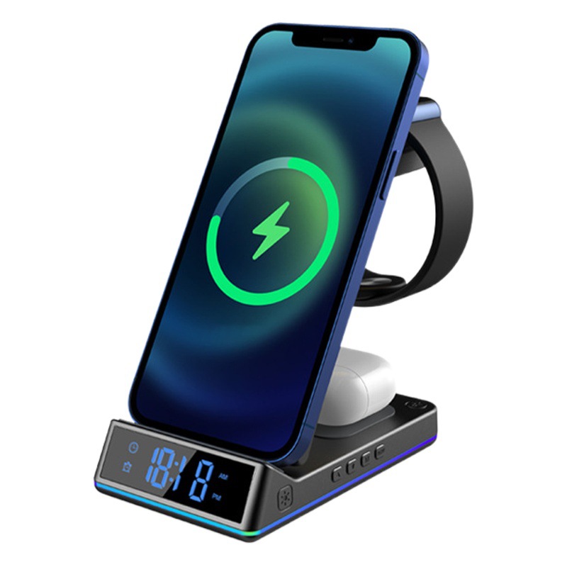 Aplicable al por mayor Apple 15 reloj de escritorio cargador inalámbrico reloj reloj despertador teléfono multifunción atracción magnética tres en uno