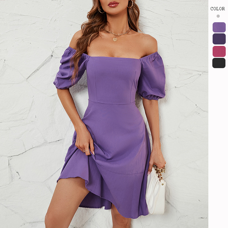 2023 Summer New Solid Square Neck Bubble Sleeve Dress for Women_voghion.com