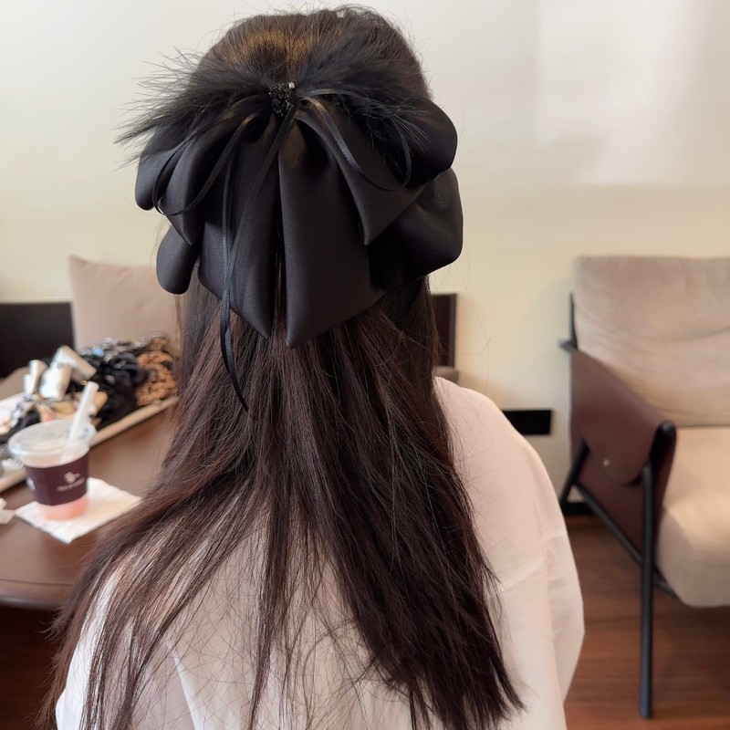 韩版气质淑女毛毛蝴蝶结半扎抓夹后脑勺布艺高级感中号鲨鱼夹子女|undefined