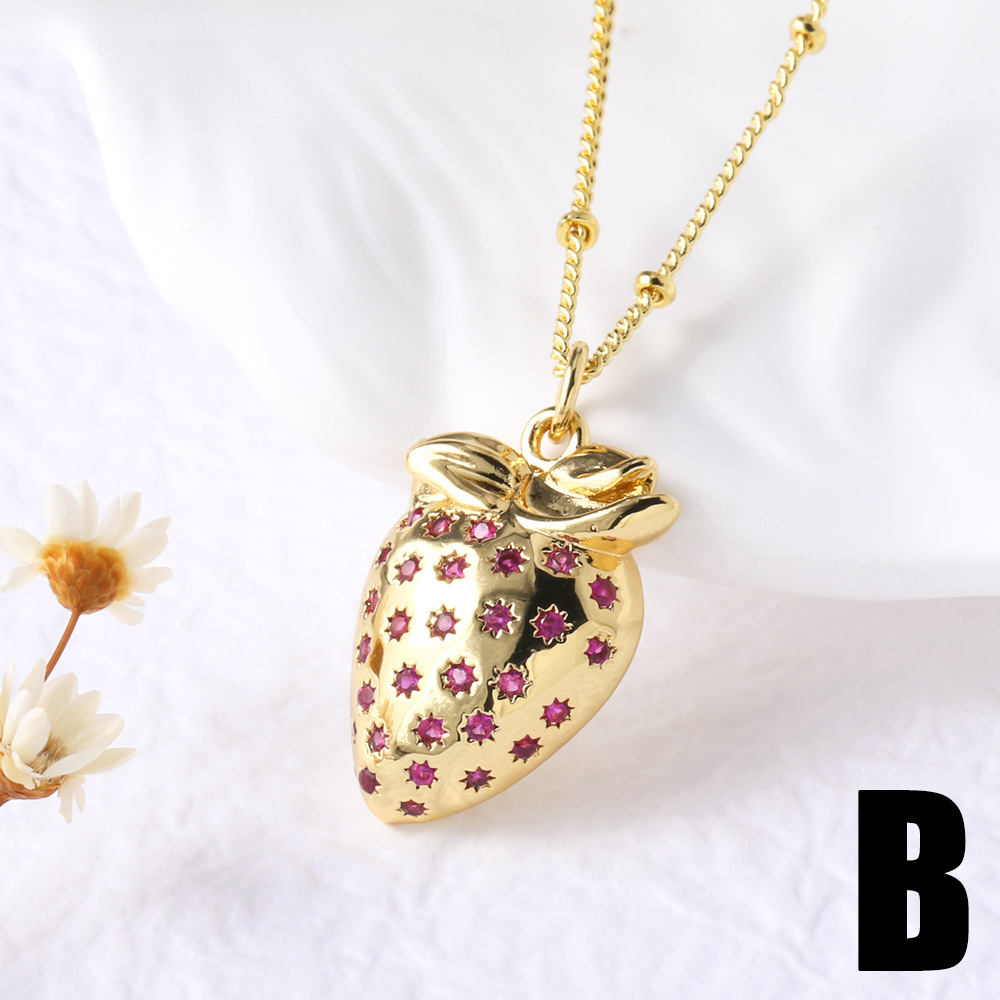 Copper Chain Material Wholesale Jewelry Retro Cherry Fruit Strawberry Copper Zircon Plating Pendant Necklace Box Chain