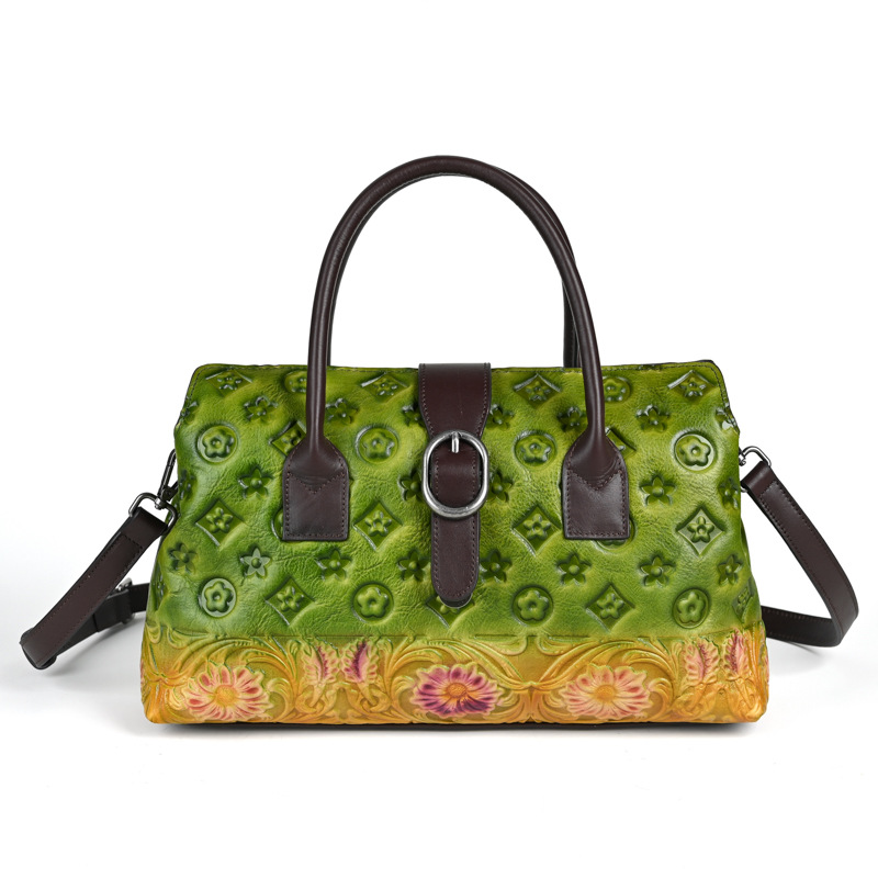 Túi xách nữ da thật dập nổi phong cách Trung Hoa cổ điển 33×10×19 cm — Xanh lá cổ điển