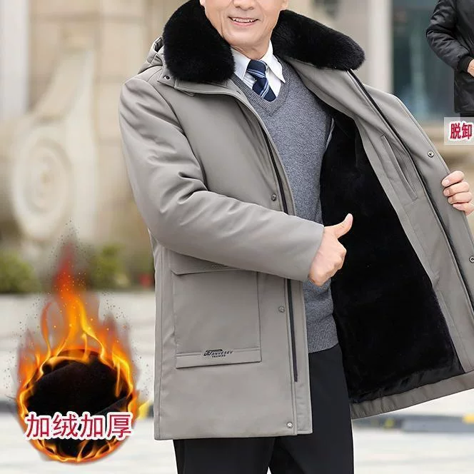 Warm long winter men's down jacket, for middle age, mid-length