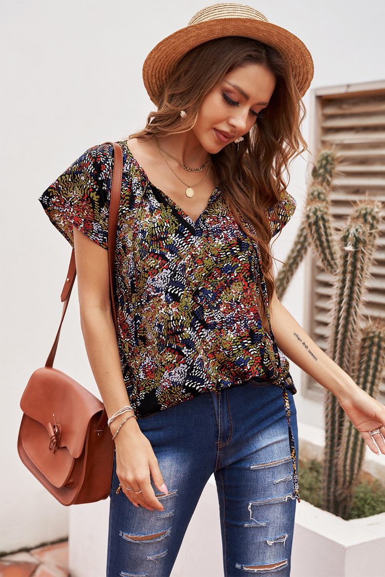 chiffon print short-sleeved loose V-neck lace-up top NSQSY128880