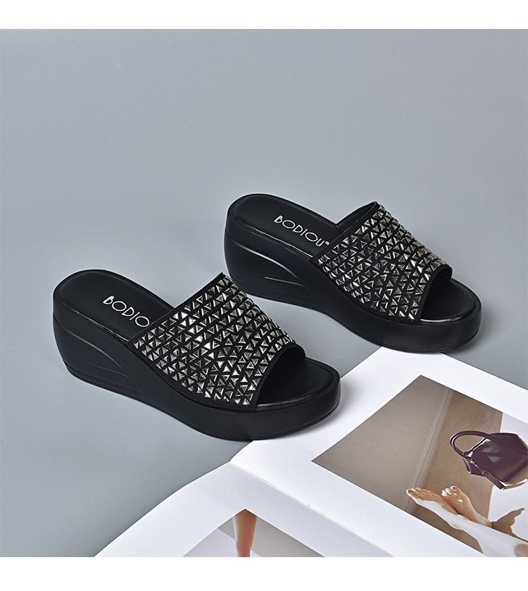 Dép sandal nữ đế xuồng đính đá tăng chiều cao — Màu đen chi tiết 9