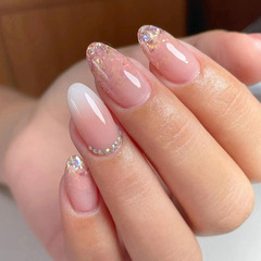 Simple pure lust girl pink fake nails gradient glitter diamond wearable nails gentle round head manicure pieces wholesale