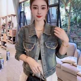 复古做旧烫钻短款牛仔外套女士春秋韩版宽松休闲夹克小个子牛仔衣