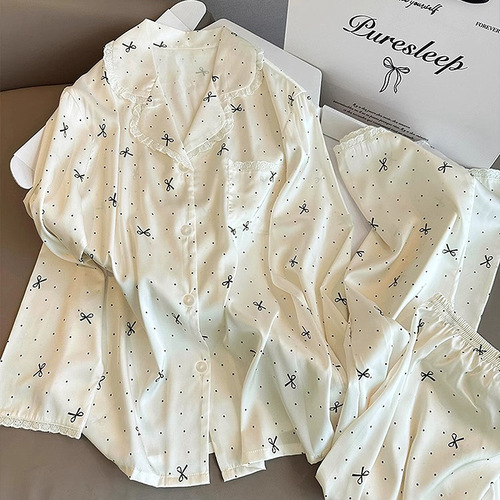 French light luxury high face value ins bow knot dot gold style ice silk lace long sleeve pants pajamas wholesale