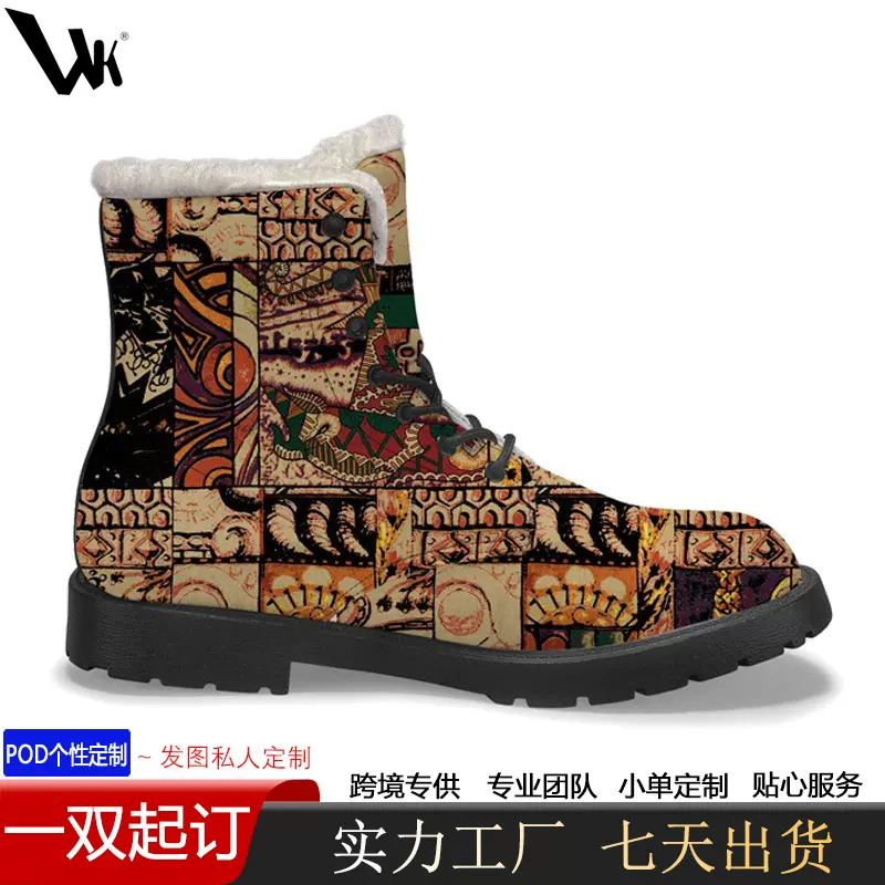 跨境3D油画印花秋冬季雪地靴保暖加绒短靴中筒机车骑士靴马丁靴女