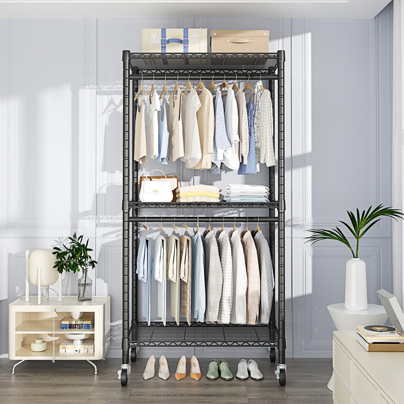 New cross-border heavy Hanger 3-layer adjustable rolling lockable wheel independent wardrobe double hanger and 1 pair hook