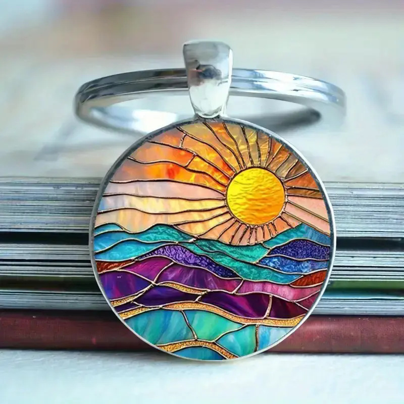 Sunset Scenery, Hawaiian Water Tower, Surfboard, Mountains and Rivers, Time Gemstone Keychain, Car Keychain