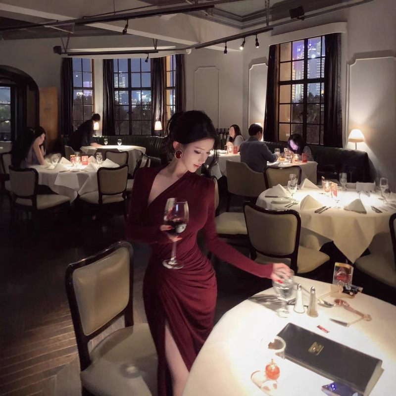 Jayky Yang Duse Night Slanted Shoulder Pleated Long Dress Women's Design Waist Slim Fit Hip Dress