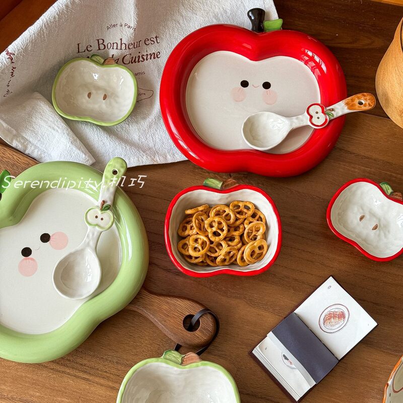 Creative and Cute Apple-Shaped Ceramic Tableware Set, Cartoon-Style Household Rice Bowls and Plates for One Person, Housewarming Gift