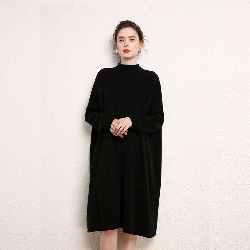 Half turtleneck 100% pure cashmere dress women's autumn and winter mid-length knitted sweater plus size loose bottoming skirt