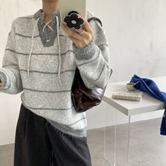 秋冬新款毛衣女2025韩系撞色条纹休闲手工穿绳慵懒风系带针织上衣
