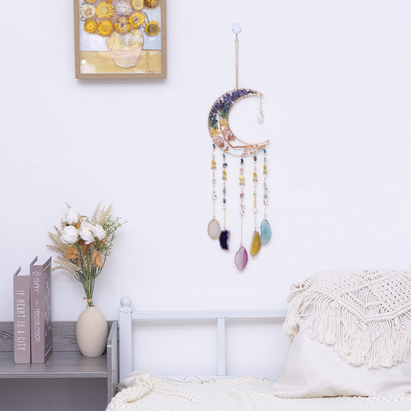 Handmade Colorful Moon Dreamcatcher with Crystal, Agate, and Gemstone Accessories for Home Decoration