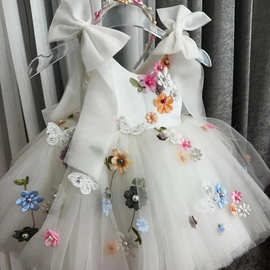 儿童礼服花朵钉珠白色中小童蓬蓬纱裙洛丽塔女童花仙子无袖公主裙