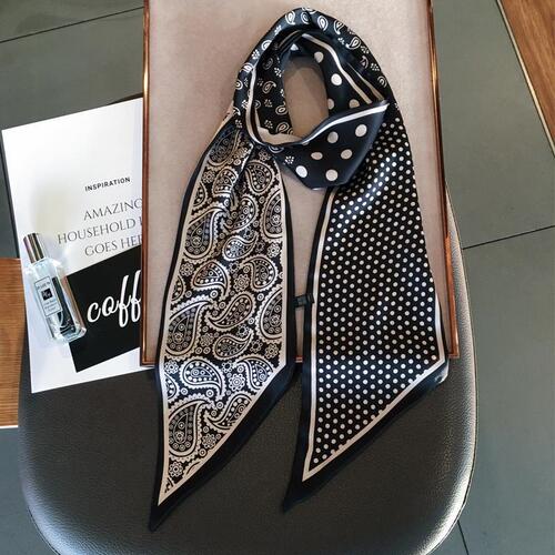 European and American Style Cashew Flower Pointed Tip Thin Long Elegant Small Scarf Long Striped Silk Scarf Women's Double-Sided Ribbon Spring Accessory