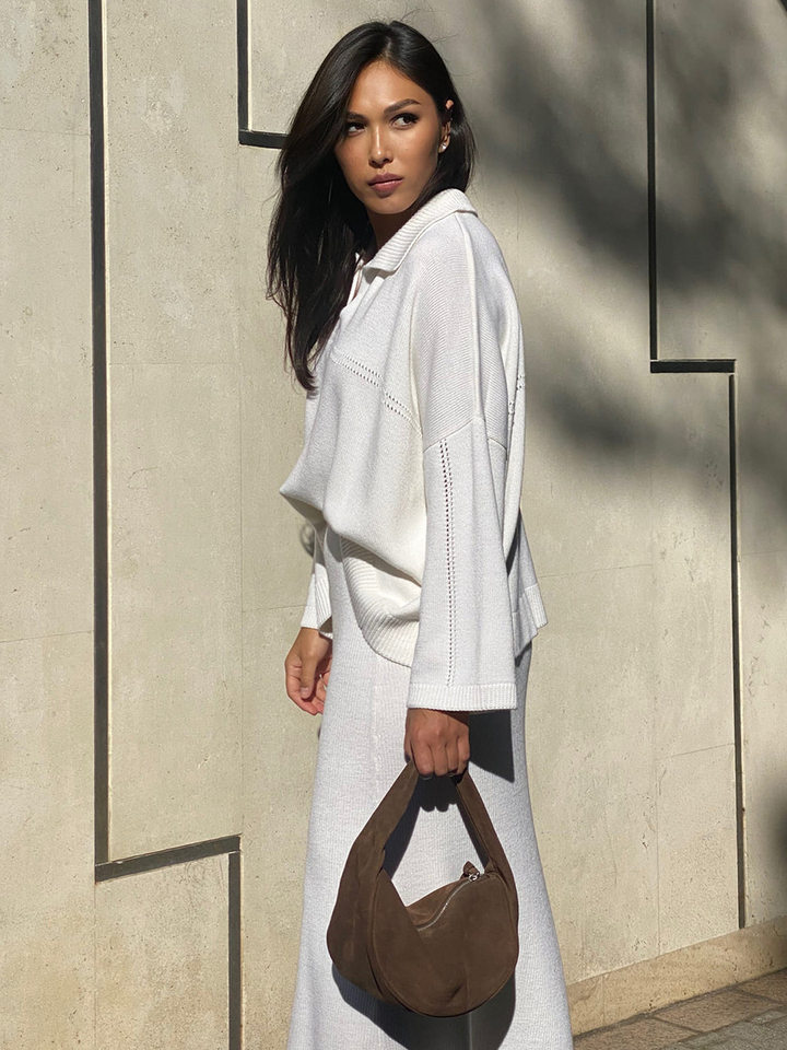 Bộ đôi áo len dệt kim cổ V tay dài phối chân váy, áo dài 50–65 cm — Màu camel, Màu trắng, Màu xám, Màu đen chi tiết 41