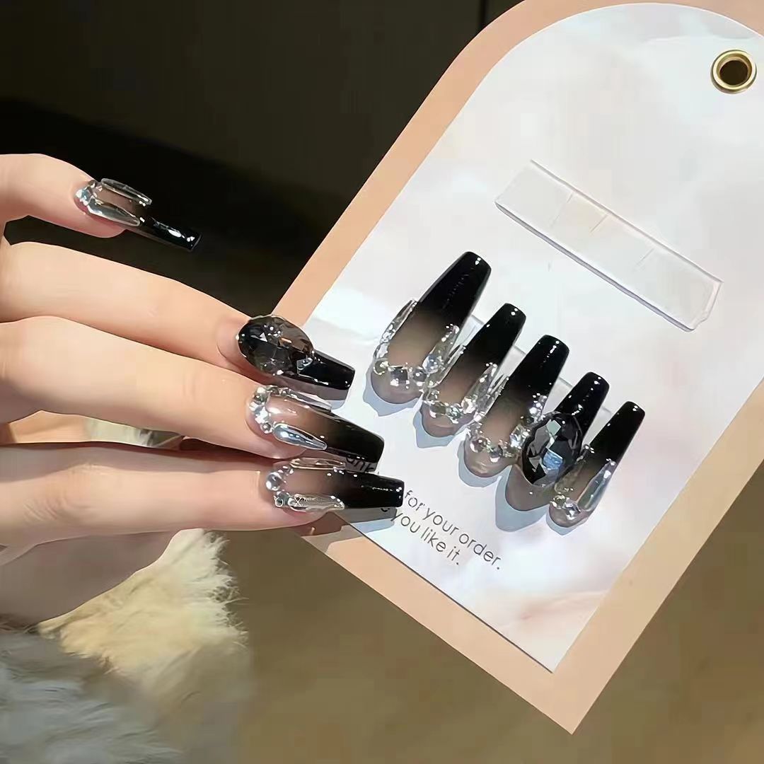 10 piezas de uñas hechas a mano, piezas de uñas terminadas, uñas falsas, uñas largas, chicas calientes dulces, viento fresco, uñas negras