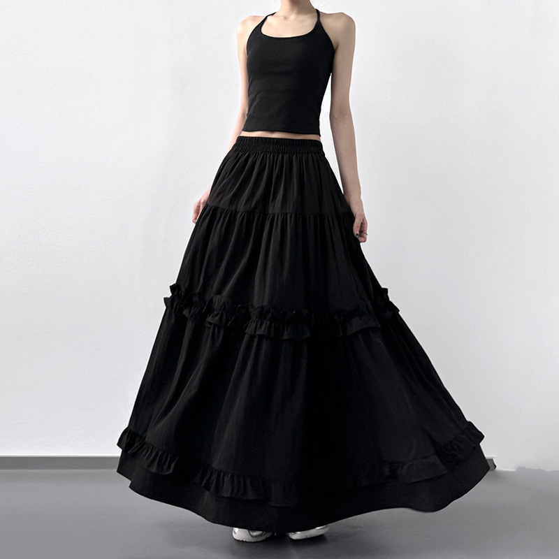 Young Girl's Sense Black A- line Skirt Women's 2025 Summer New Stitching Ruffled Long Cake Skirt Young Girl's Sense Black A- line Skirt Women's 2025 Summer New Stitching Ruffled Long Cake Skirt