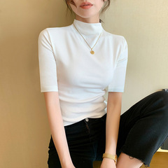 女性のための白いハーフタートルネックミッドスリーブTシャツ2025春と秋の新しい半袖ボトムシャツ五分袖スリムインナートップ