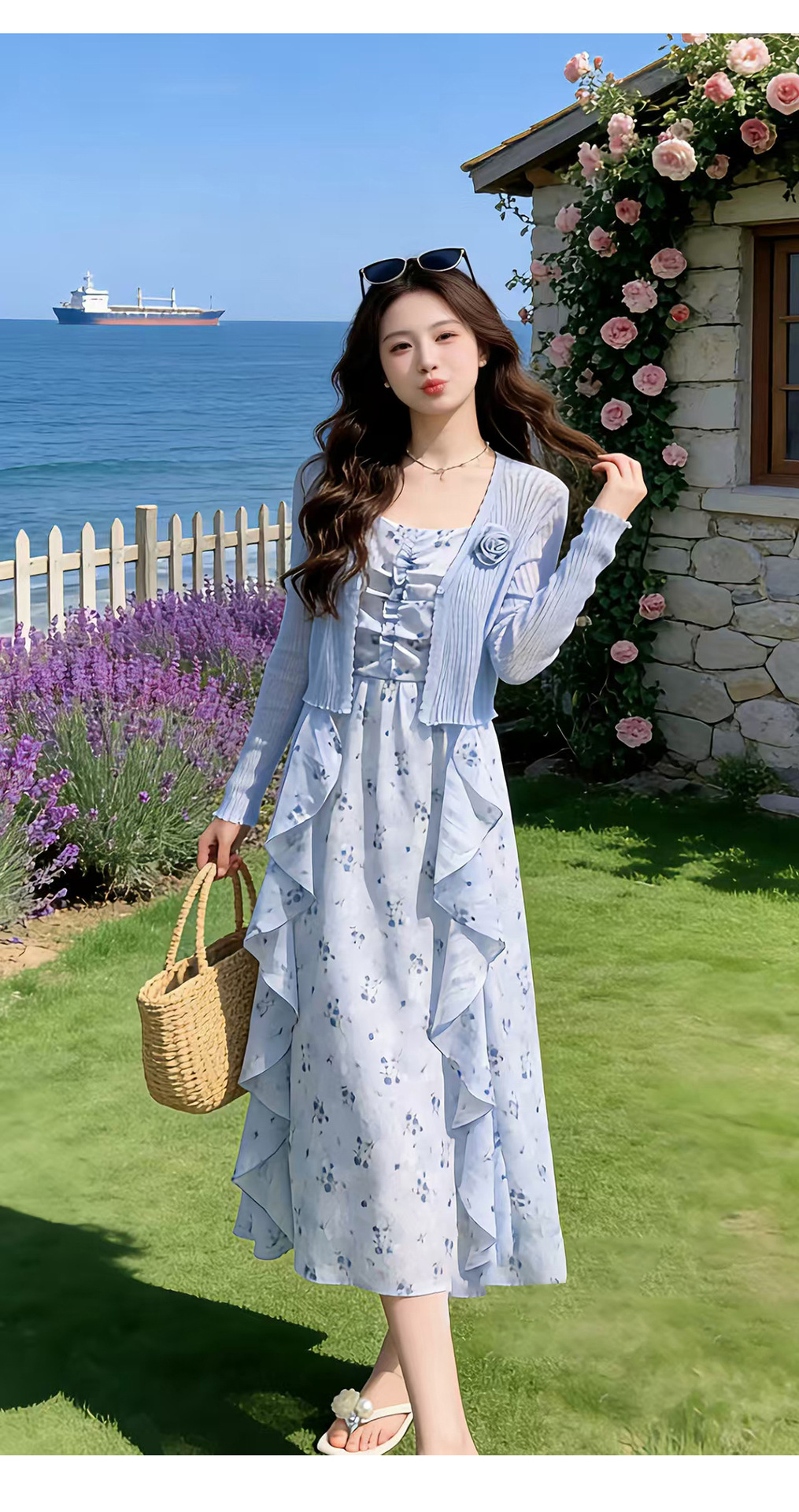 Bộ đầm hai mảnh gồm áo khoác cardigan và đầm maxi hoa nhí thắt eo BL2608 — xanh lam, màu be chi tiết 9