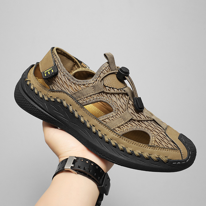 Men's Summer New Mesh Air-Permeable Casual Slip-on Shoes with Openwork, Lightweight Non-slip Beach Shoes