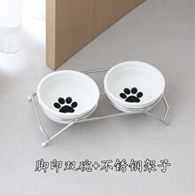 宠物陶瓷碗 卡通猫碗狗碗双碗 铁丝支架宠物碗两用食盆 厂家直销