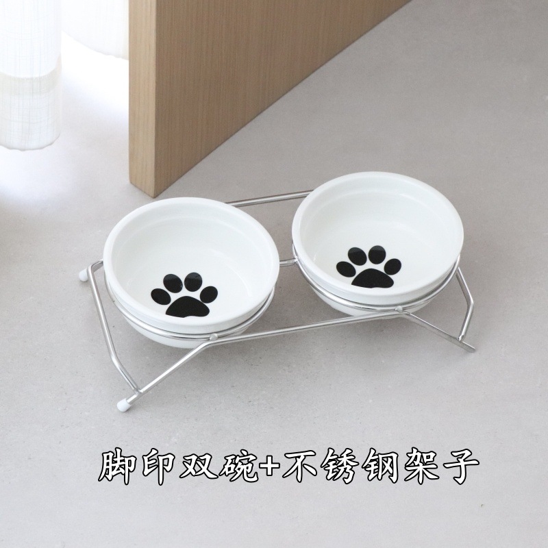 宠物陶瓷碗 卡通猫碗狗碗双碗 铁丝支架宠物碗两用食盆 厂家直销