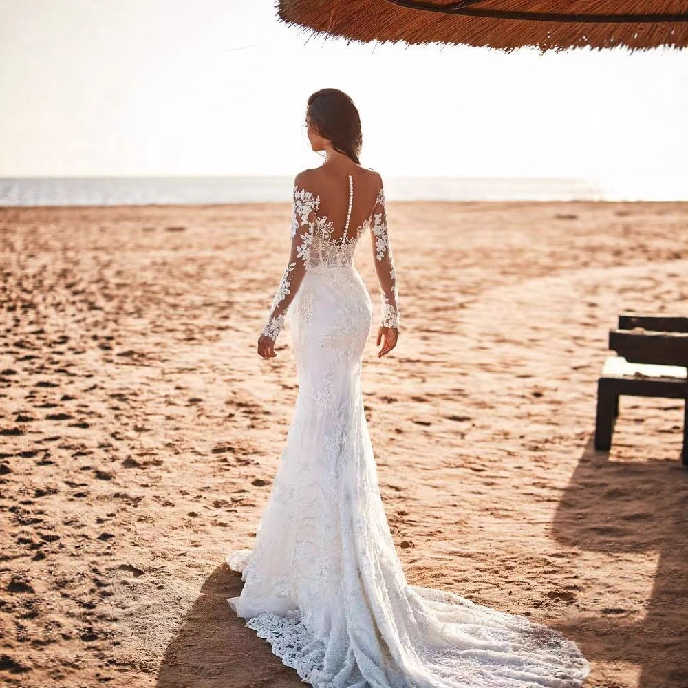 Amazon trailing vestido de novia sexy cintura fishtail 2024 primavera nuevo adelgazar fuera del hombro profundo V vestido de novia