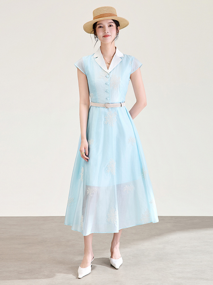 Đầm maxi nữ thắt eo tay phồng nhẹ dáng suông — xanh lam
