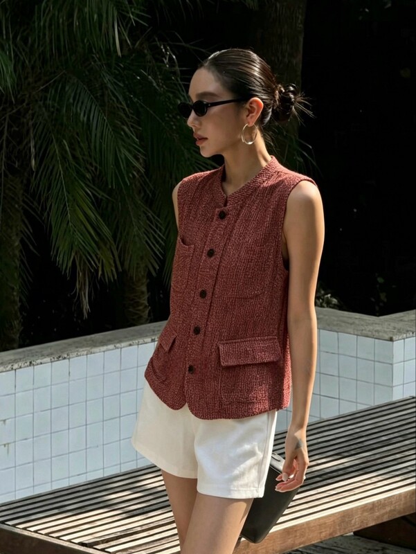 26 Summer Designer Style Linen Floral Yarn Heavy-Duty Woven Vest with Stand Collar and Multiple Pockets, Unique Design Vest 146