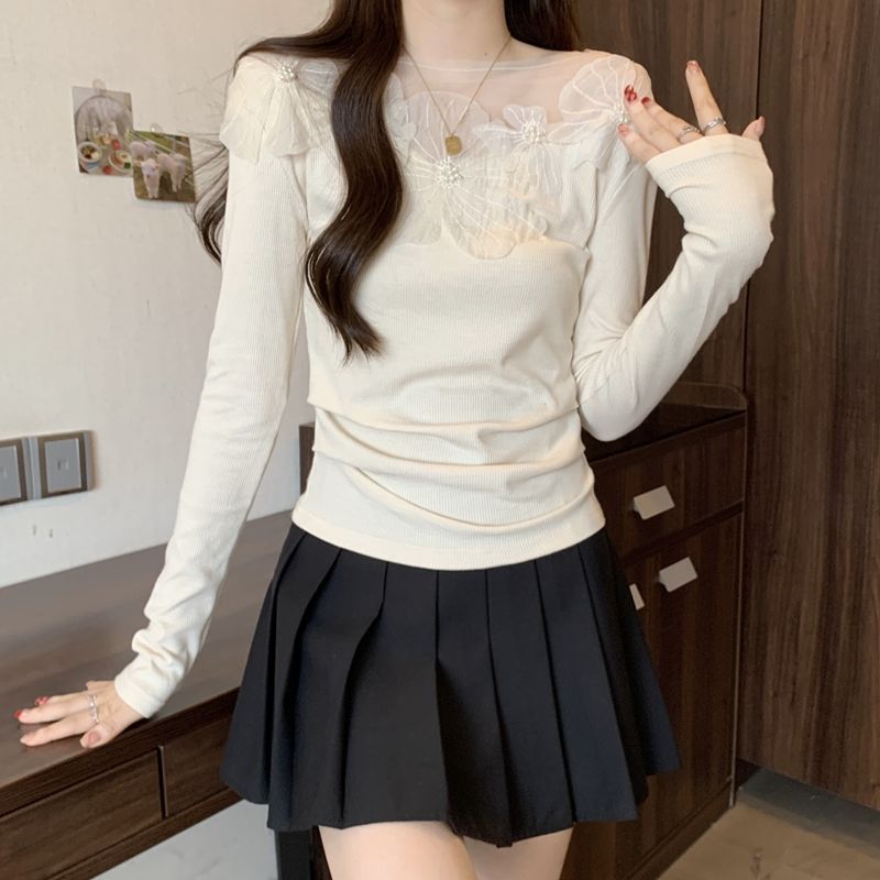 黑色显瘦立体花朵长袖T恤女初秋韩系洋气修身别致小衫氛围感上衣|undefined
