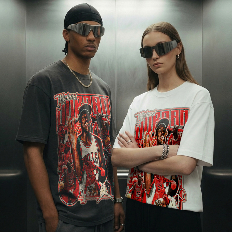 Cross-border Retro MJ Trapeze Printed Wide Short-sleeved T-shirt Washed American-style Heavy Cotton Crew Neck Hooded Sweatshirt