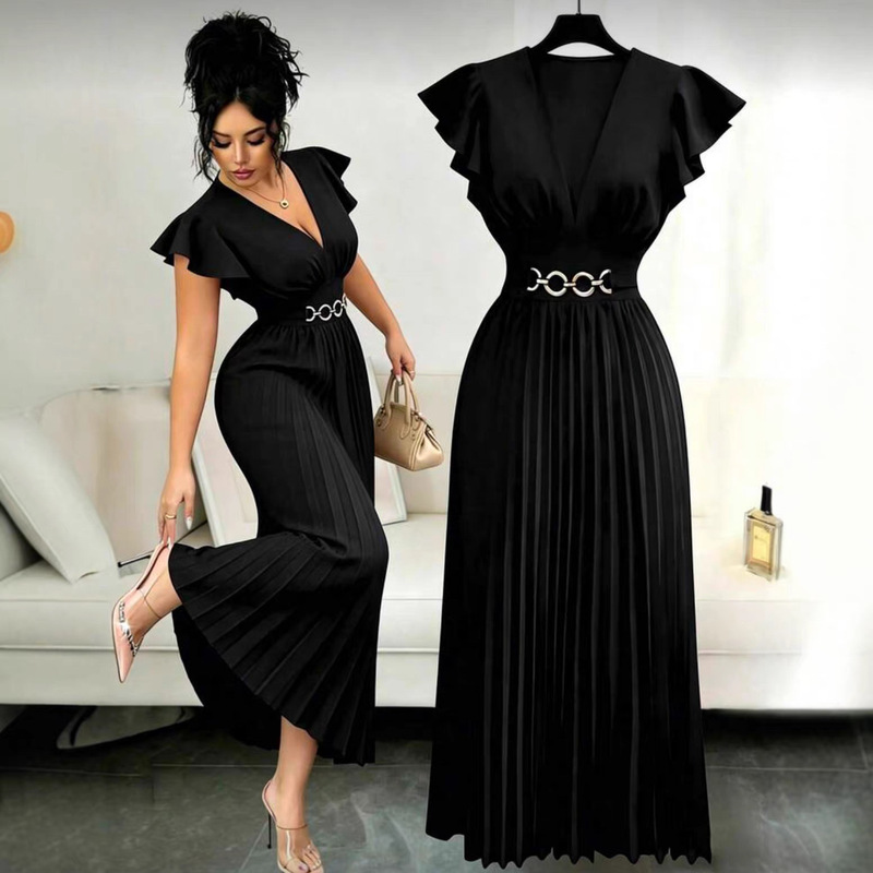 Cross-border 2026 new model V-neck ruffle sleeve solid color metal decoration pleated design elegant long dress Cross-border 2026 new model V-neck ruffle sleeve solid color metal decoration pleated design elegant long dress
