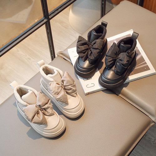 Girls' Velvet Boots  Winter New Children's Big Bow Mid-calf Boots Girls' Thickened Velcro Cotton Shoes