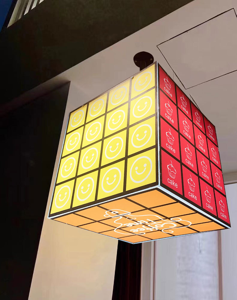 Cubo de color 360 grados caja de lámpara acrílica muestra café leche té en línea tiendas creativas cartel