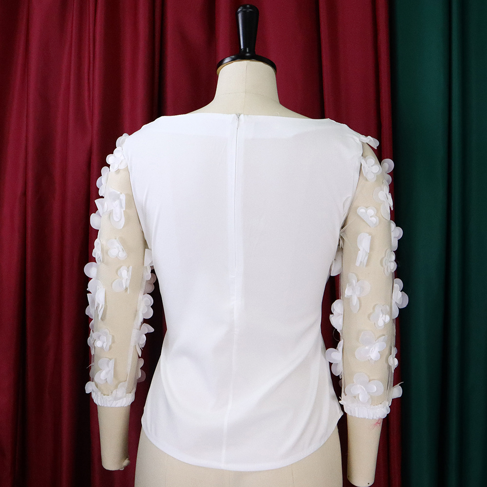 امرأة قميص شيفون 3/4 طول الأكمام البلوزات خليط موضة اللون الصامد display picture 9