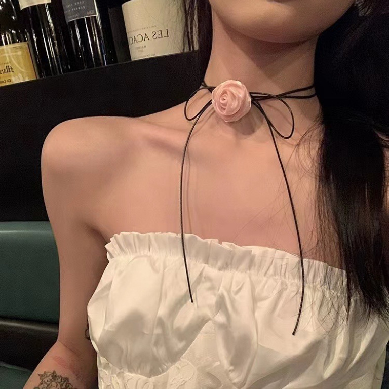 Pink rose choker hairpin female light luxury niche necklace female design sense hairpin hair accessories headdress necklace