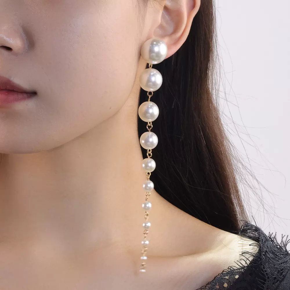 跨境热销长款中长款仿珍珠流苏耳环女个性夸张百搭耳坠耳饰品批发