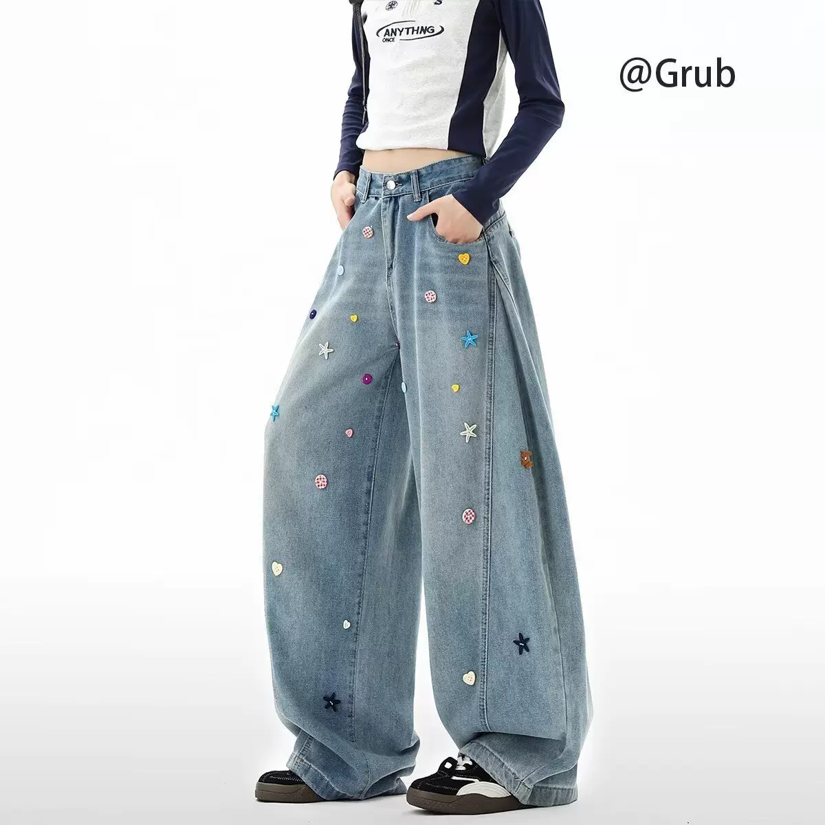 重工炫彩工艺设计感拼色阔腿牛仔裤女跨境夏季新款宽松遮肉拖地裤