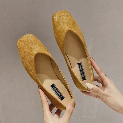 四季女鞋单鞋现货纯色方头绒面日常白绿粘胶鞋低帮黑色平底鞋新款