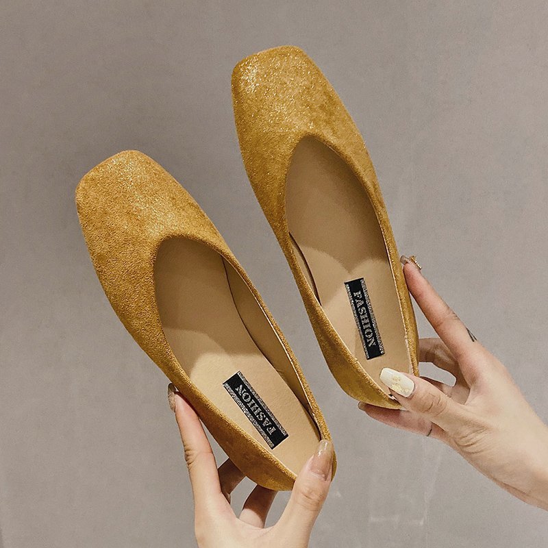 四季女鞋单鞋现货纯色方头绒面日常白绿粘胶鞋低帮黑色平底鞋新款