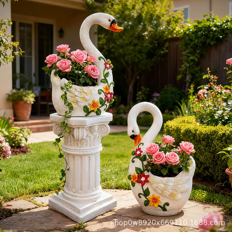 Creative White Swan Flower Vase Outdoor Courtyard Pastoral Sculpture Animal Flower Pot Garden Layout Home Decoration Ornaments