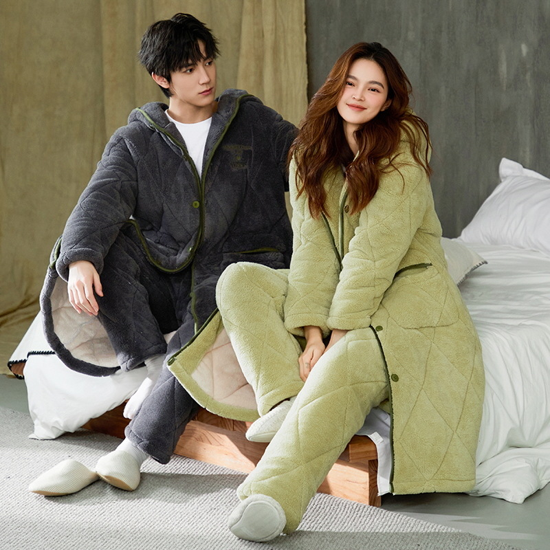 Super grueso chaqueta de algodón de tres capas, pijama de pareja de mujer, ropa de hogar de hombre, otoño y invierno, terciopelo de coral, calentamiento más grueso