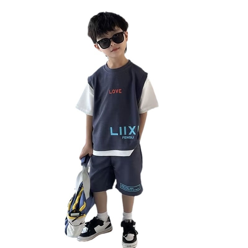 Traje de ropa de verano para niños 2024 nueva ropa para niños mediana y grande verano Internet celebridad deportes de moda Traje de dos piezas de manga corta para niños