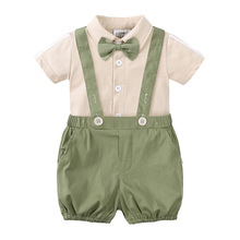 英伦风夏季新款男童宝宝背带绅士礼服套装 满月周岁宴会领结两件