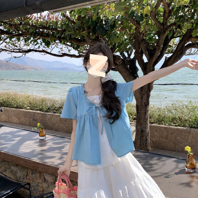 甜美花边拼接木耳边系带假两件短袖衬衫女夏季新款半身裙甜美风|undefined